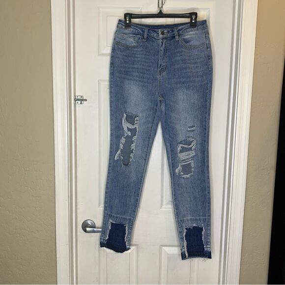 Shein Distressed Raw Hem Patchwork High Rise Jeans Size Large - Picture 3 of 8